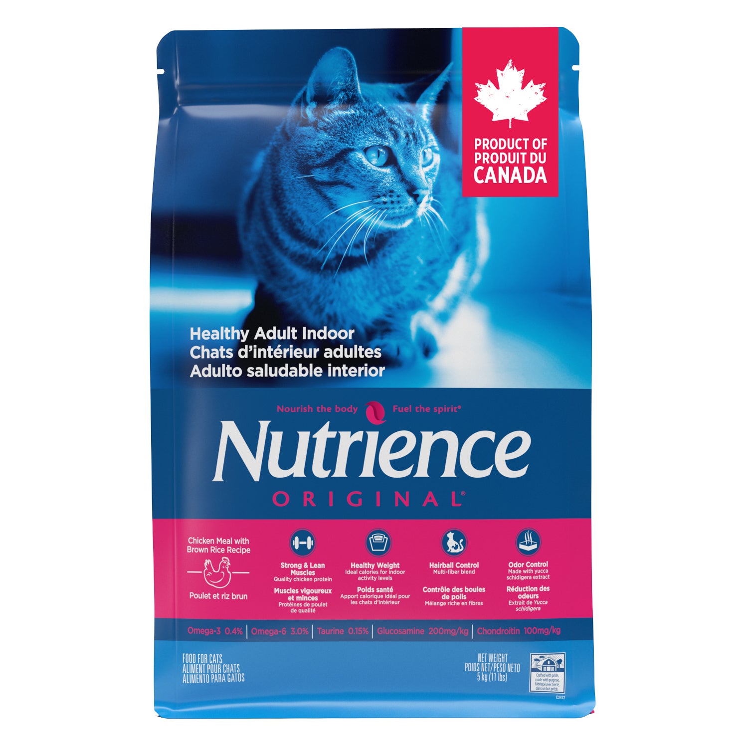 Nutrience Original cat food package with a blue and pink design featuring a cat on a white background.