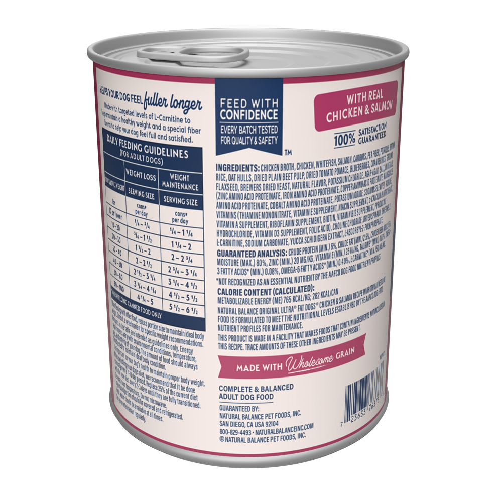 Natural Balance Original Ultra Fat Dogs Chicken & Salmon Low Calorie Wet Dog Food - 368g - back of can - ingredients, guaranteed analysis, calorie content and feeding guidelines (1000x1000) - Natural Balance - PetMax Canada