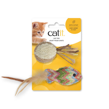 Catit Woven Straw Fish and Terry Ball Cat Toy
