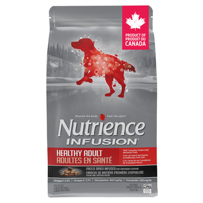 Nutrience Infusion dog food package with a red dog silhouette on a gray background