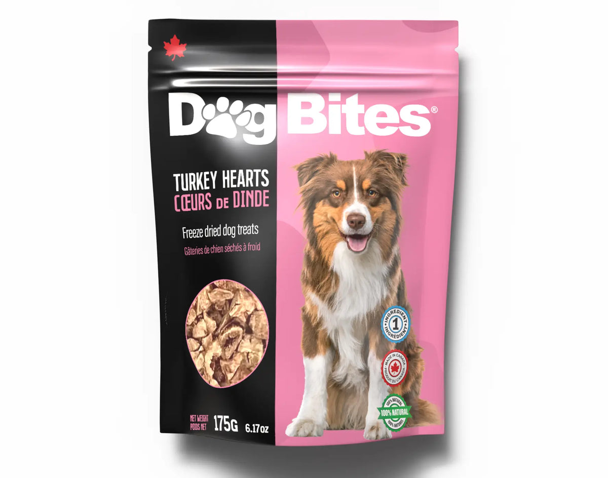 Dog Bites Freeze Dried Turkey Hearts Dog Treats - Official pouch artwork, larger 175 g size shown - Dog Bites - PetMax Canada