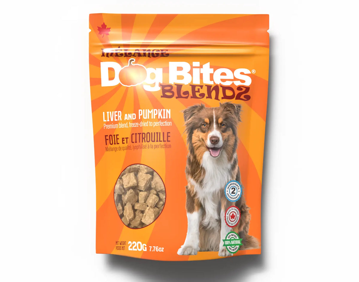 Dog Bites Blendz Freeze Dried Beef Liver & Pumpkin Dog Treats - Official pouch artwork, larger 220 g size shown - Dog Bites - PetMax Canada