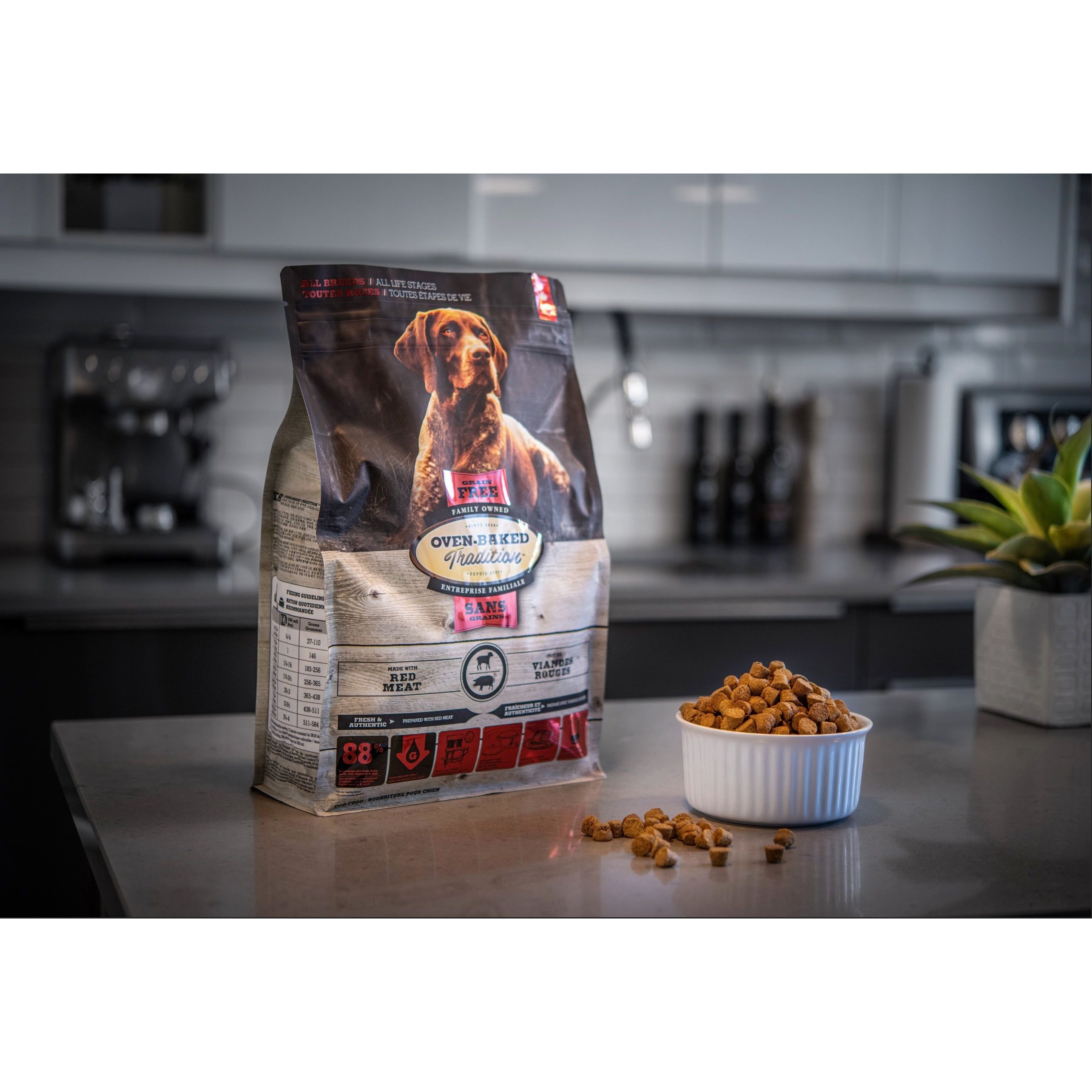 Dog food package and bowl on a kitchen counter