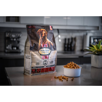 Dog food package and bowl on a kitchen counter