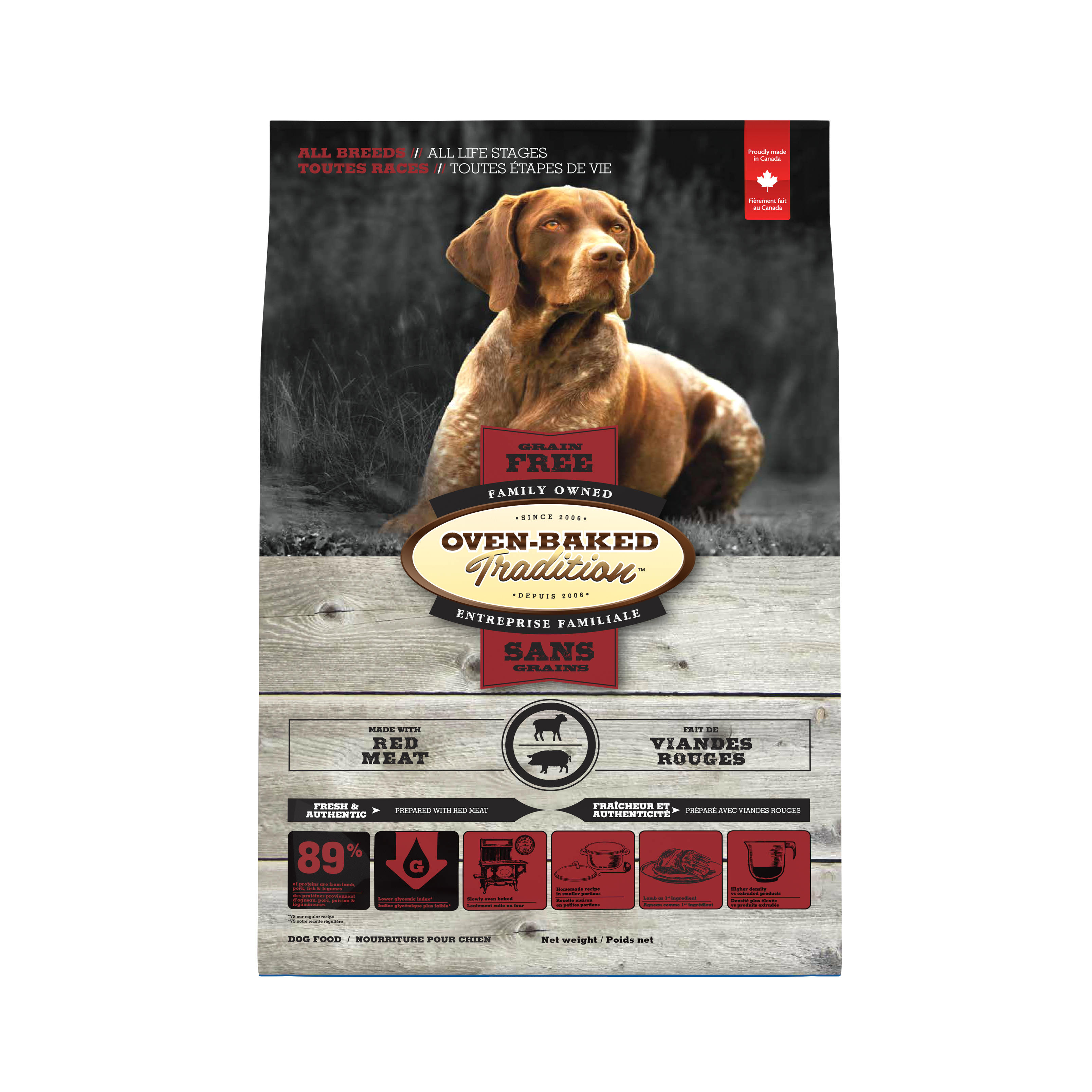 Oven Baked Tradition Dog food package with a dog on the label against a dark background