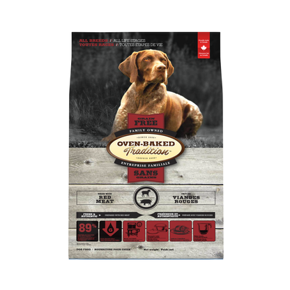 Oven Baked Tradition Dog food package with a dog on the label against a dark background