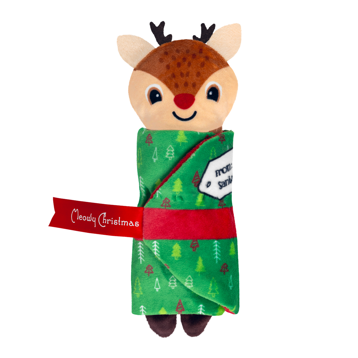 Kong Holiday Pull-A-Partz Present Cat Toy - reindeer wrapped in green tree-print gift wrap - Kong - PetMax Canada