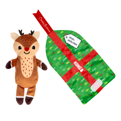 Kong Holiday Pull-A-Partz Present Cat Toy - two toys in one, reindeer and unrolled gift wrap - Kong - PetMax Canada