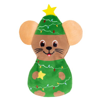 Kong Holiday Refillables Mouse Cat Toy - Front view of the plush mouse in a Christmas-tree costume - Kong - PetMax Canada