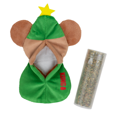 Kong Holiday Refillables Mouse Cat Toy - Back view with the catnip pouch flaps open beside the catnip vial - Kong - PetMax Canada