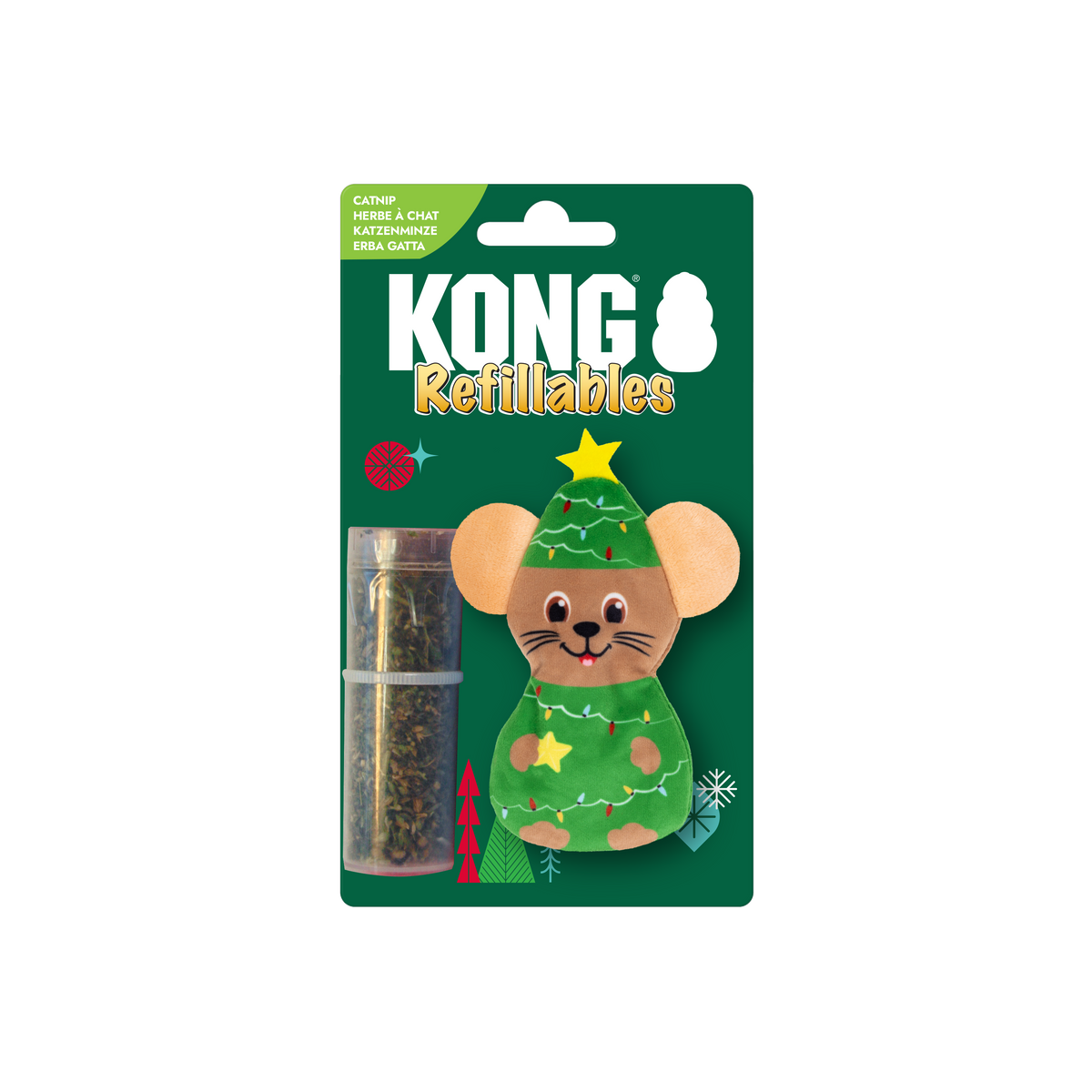Kong Holiday Refillables Mouse Cat Toy - In retail packaging with the catnip vial - Kong - PetMax Canada