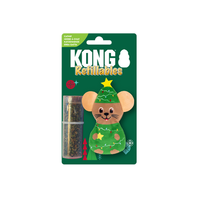 Kong Holiday Refillables Mouse Cat Toy - In retail packaging with the catnip vial - Kong - PetMax Canada