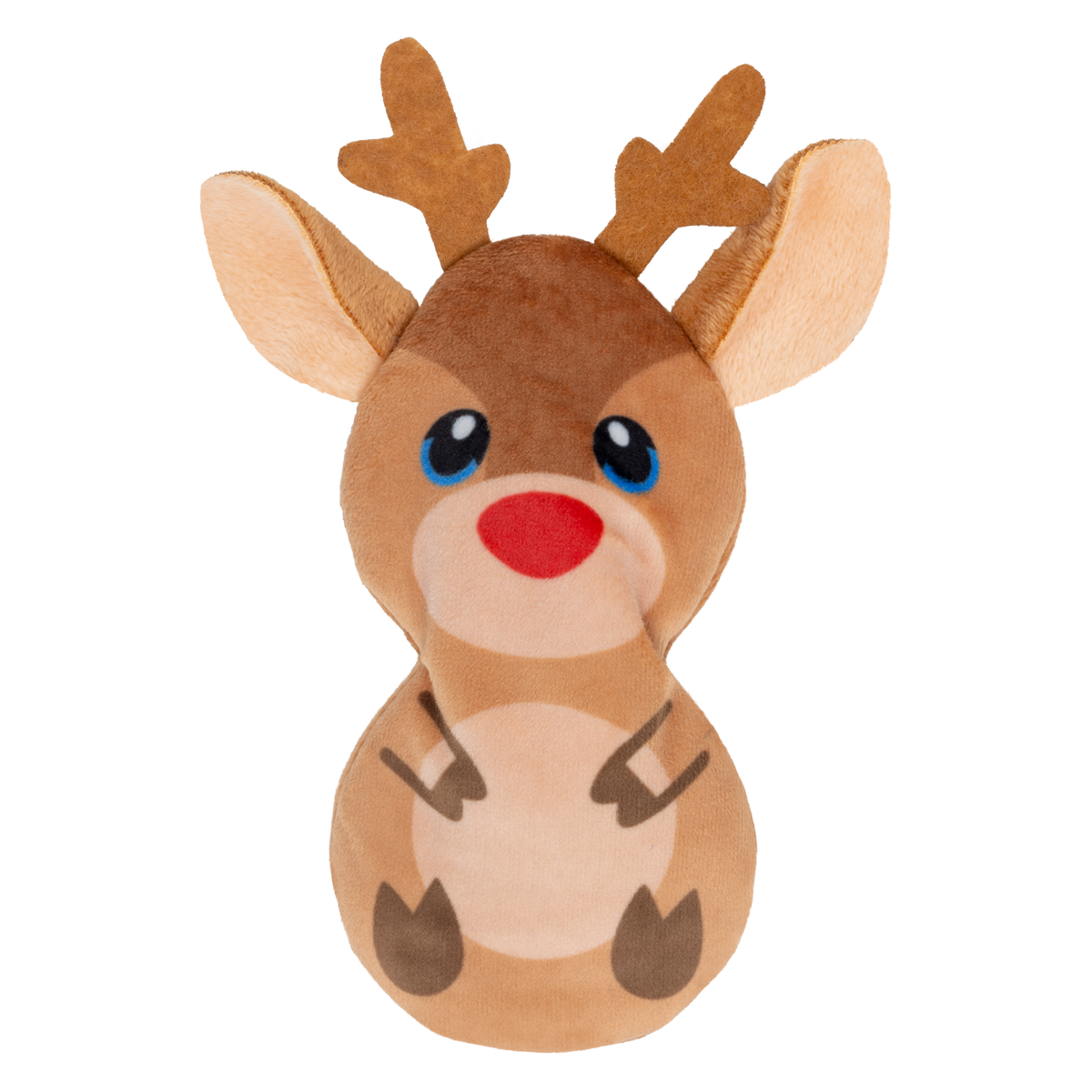 Kong Holiday Refillables Reindeer Cat Toy - front view of the brown plush reindeer with red nose and antlers - Kong - PetMax Canada
