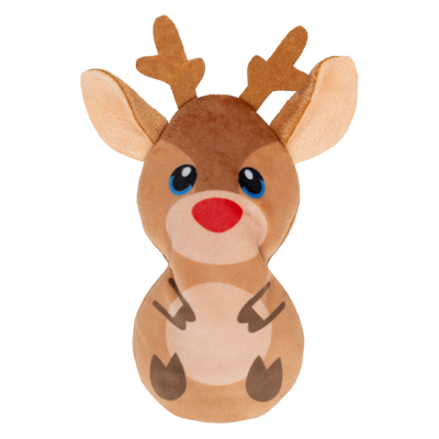 Kong Holiday Refillables Reindeer Cat Toy - front view of the brown plush reindeer with red nose and antlers - Kong - PetMax Canada