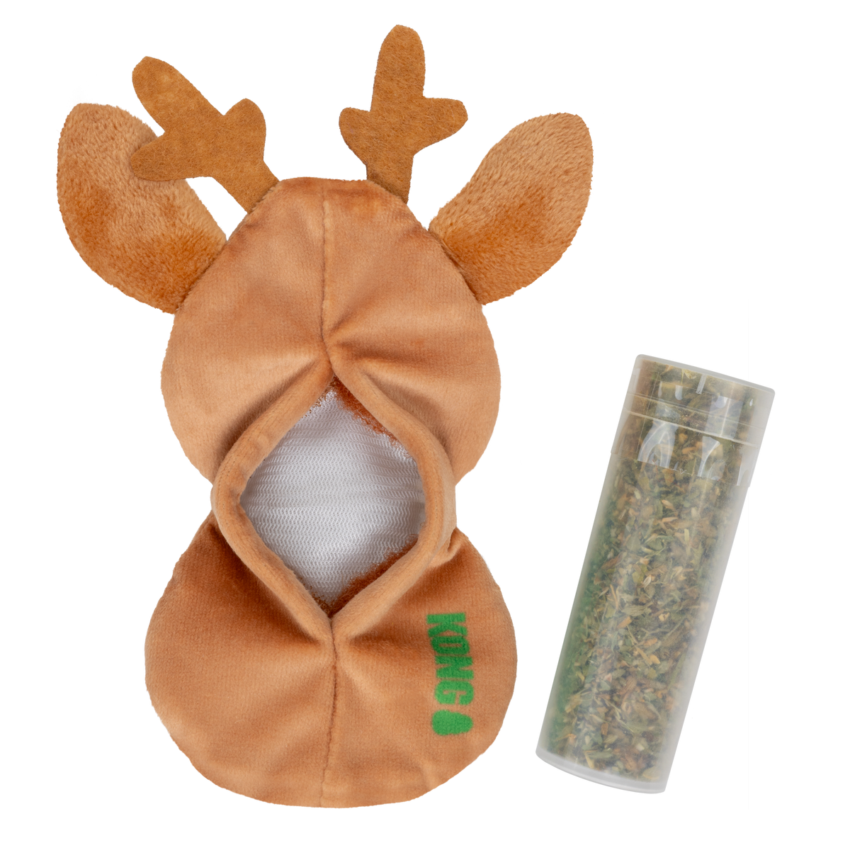 Kong Holiday Refillables Reindeer Cat Toy - back opening with refillable catnip pouch and catnip vial - Kong - PetMax Canada