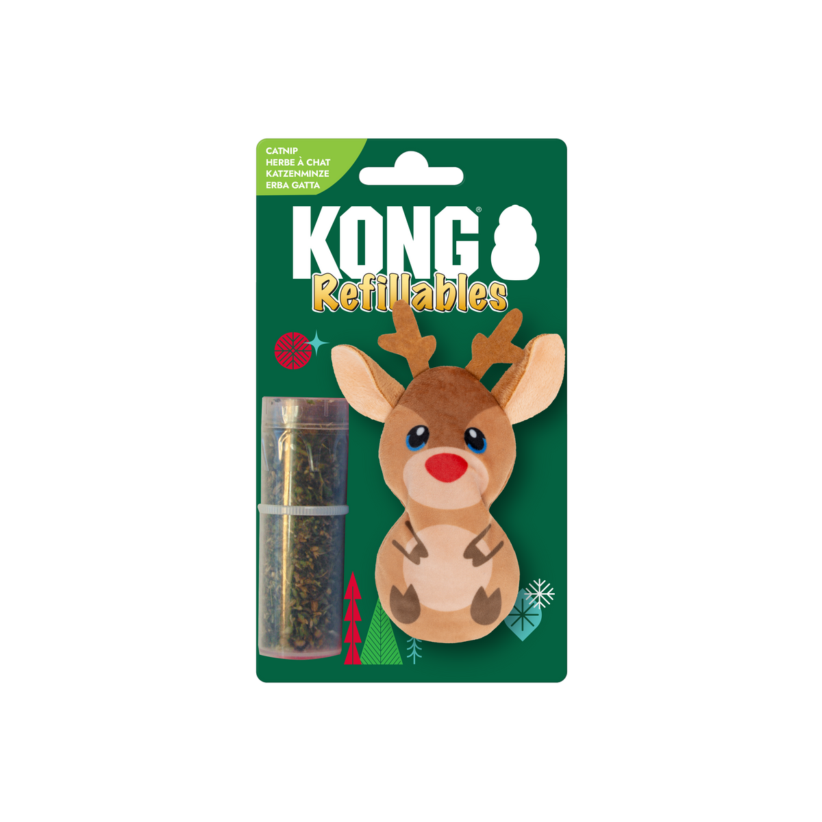 Kong Holiday Refillables Reindeer Cat Toy - in KONG Refillables packaging with catnip vial - Kong - PetMax Canada