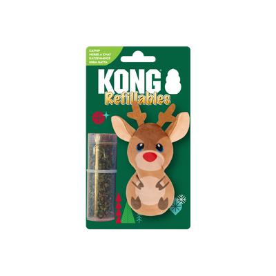 Kong Holiday Refillables Reindeer Cat Toy - in KONG Refillables packaging with catnip vial - Kong - PetMax Canada