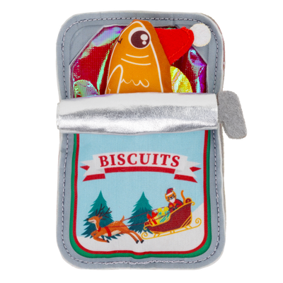 Kong Holiday Crackles Sardine Cat Toy - front view with the fish tucked inside the tin - Kong - PetMax Canada