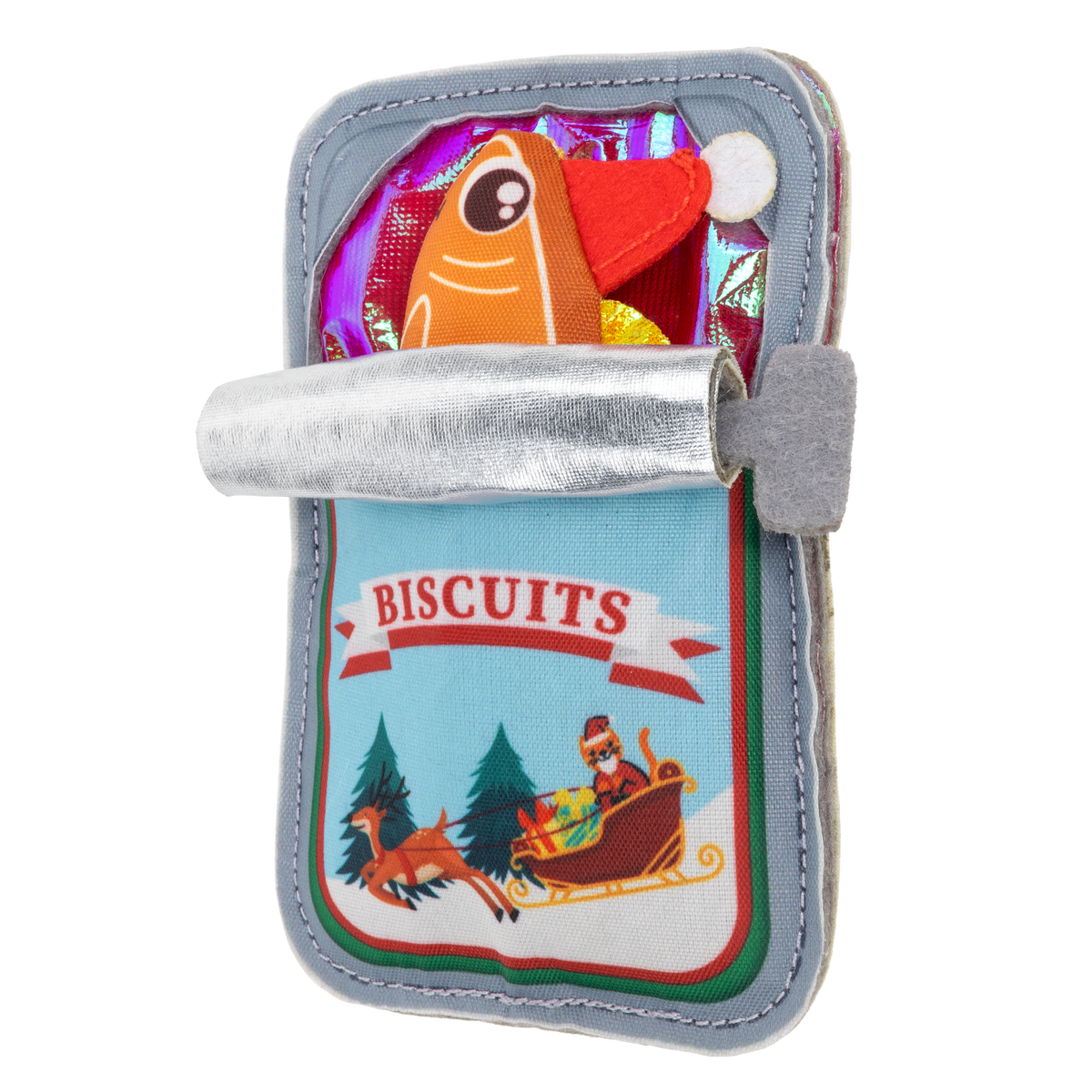 Kong Holiday Crackles Sardine Cat Toy - three-quarter view showing the flat tin shape - Kong - PetMax Canada