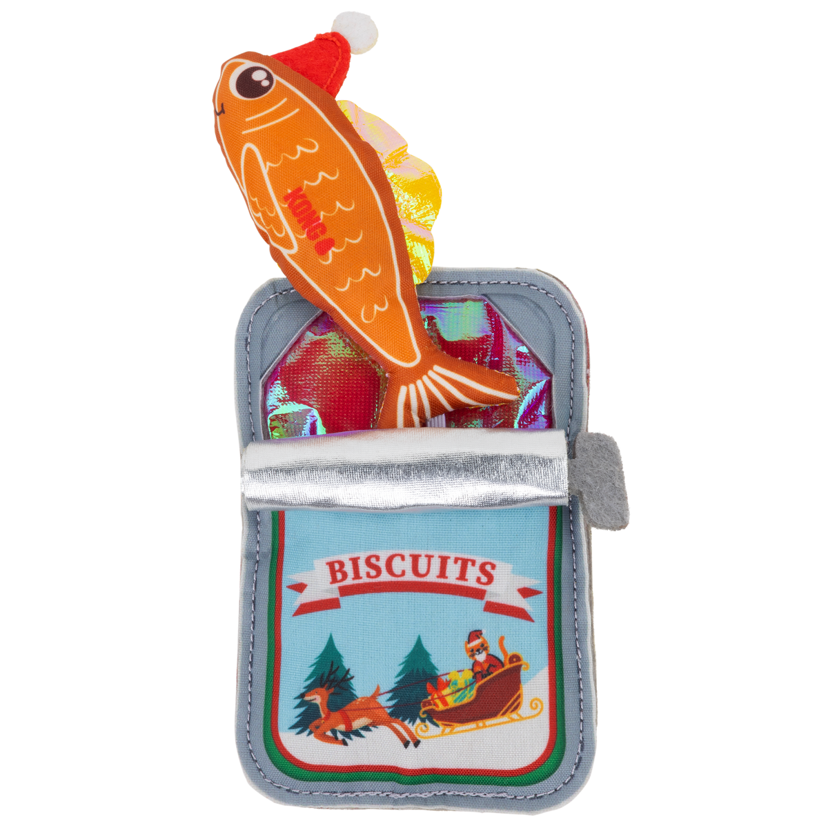 Kong Holiday Crackles Sardine Cat Toy - orange Santa-hat fish pulled out of its Biscuits sardine tin - Kong - PetMax Canada