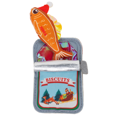 Kong Holiday Crackles Sardine Cat Toy - orange Santa-hat fish pulled out of its Biscuits sardine tin - Kong - PetMax Canada