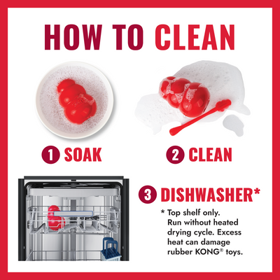 Kong Holiday Goodie Bone Dog Toy - how to clean rubber KONG toys, soak, scrub or top-shelf dishwasher - Kong - PetMax Canada