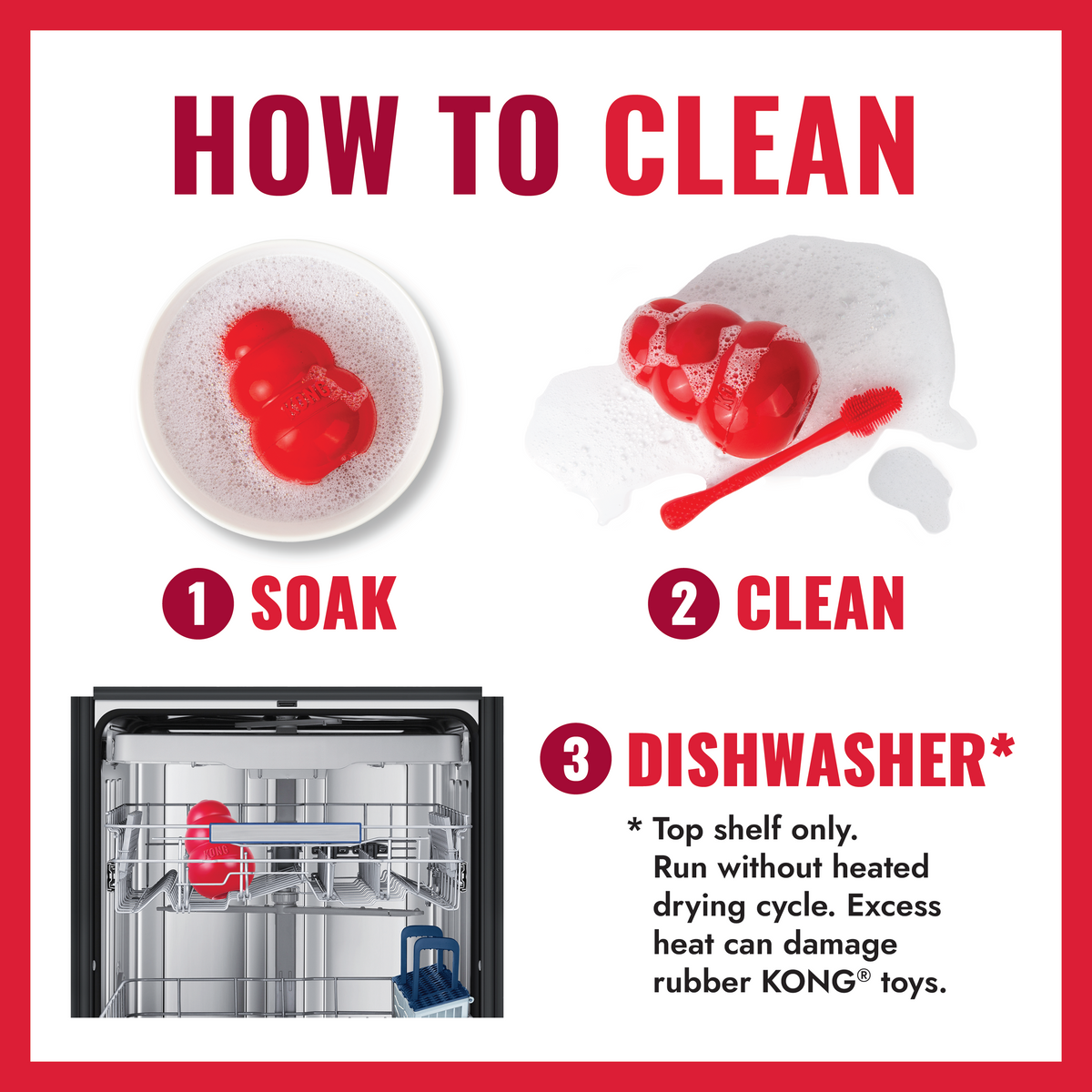 Kong Holiday Stuff-A-Ball Dog Toy - how to clean KONG rubber toys, soak, scrub or top-shelf dishwasher - Kong - PetMax Canada