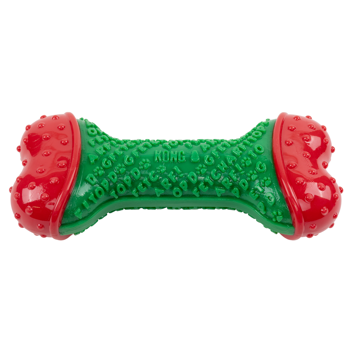 Kong Holiday Core Strength Bone Dog Toy - Green - angled view showing the textured centre and red ends - Kong - PetMax Canada