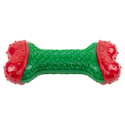 Kong Holiday Core Strength Bone Dog Toy - Green - angled view showing the textured centre and red ends - Kong - PetMax Canada
