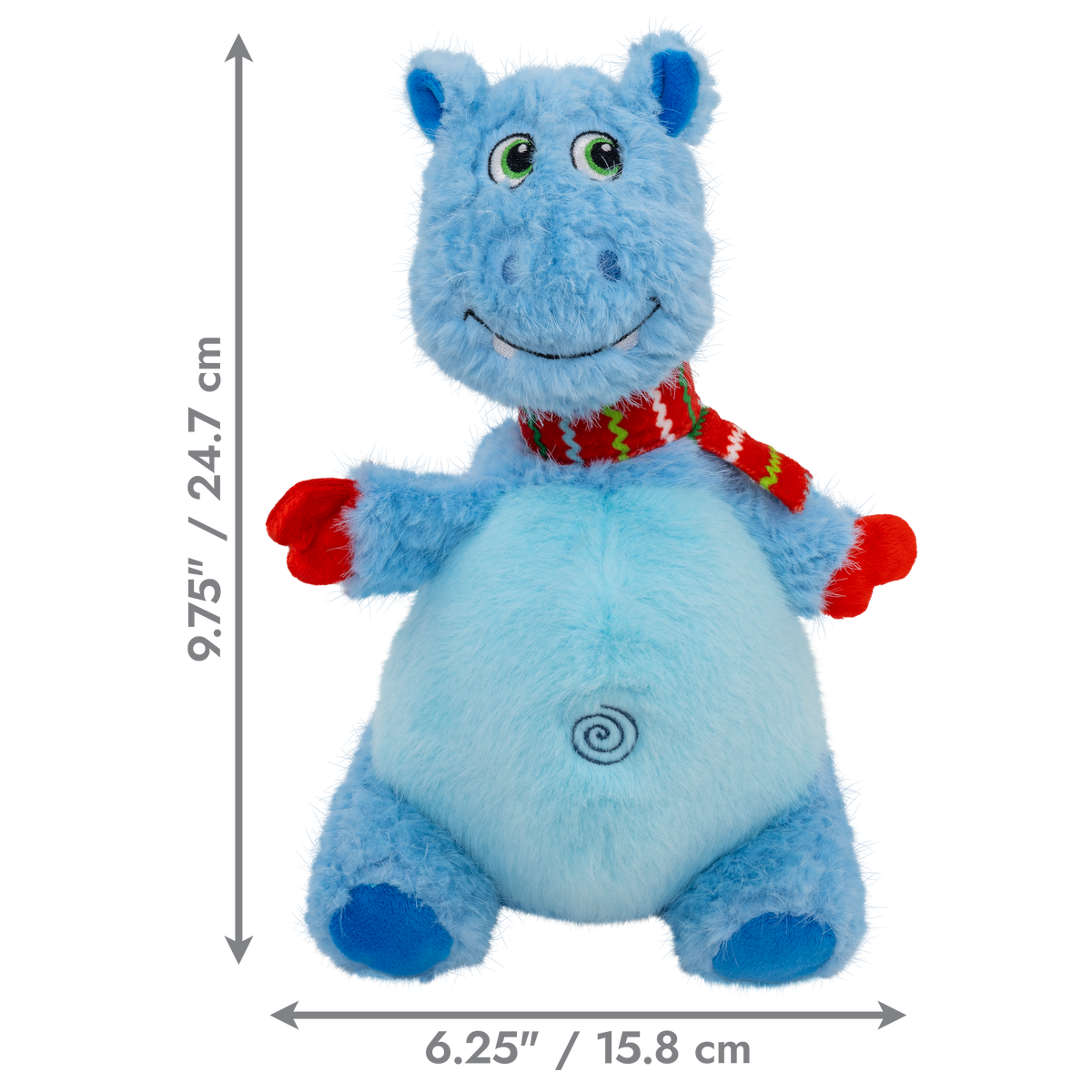 Kong Holiday Knots Belly Hippo Dog Toy - Blue - Dimension graphic showing 9.75 in x 6.25 in (24.7 x 15.8 cm) - Kong - PetMax Canada