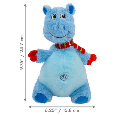 Kong Holiday Knots Belly Hippo Dog Toy - Blue - Dimension graphic showing 9.75 in x 6.25 in (24.7 x 15.8 cm) - Kong - PetMax Canada