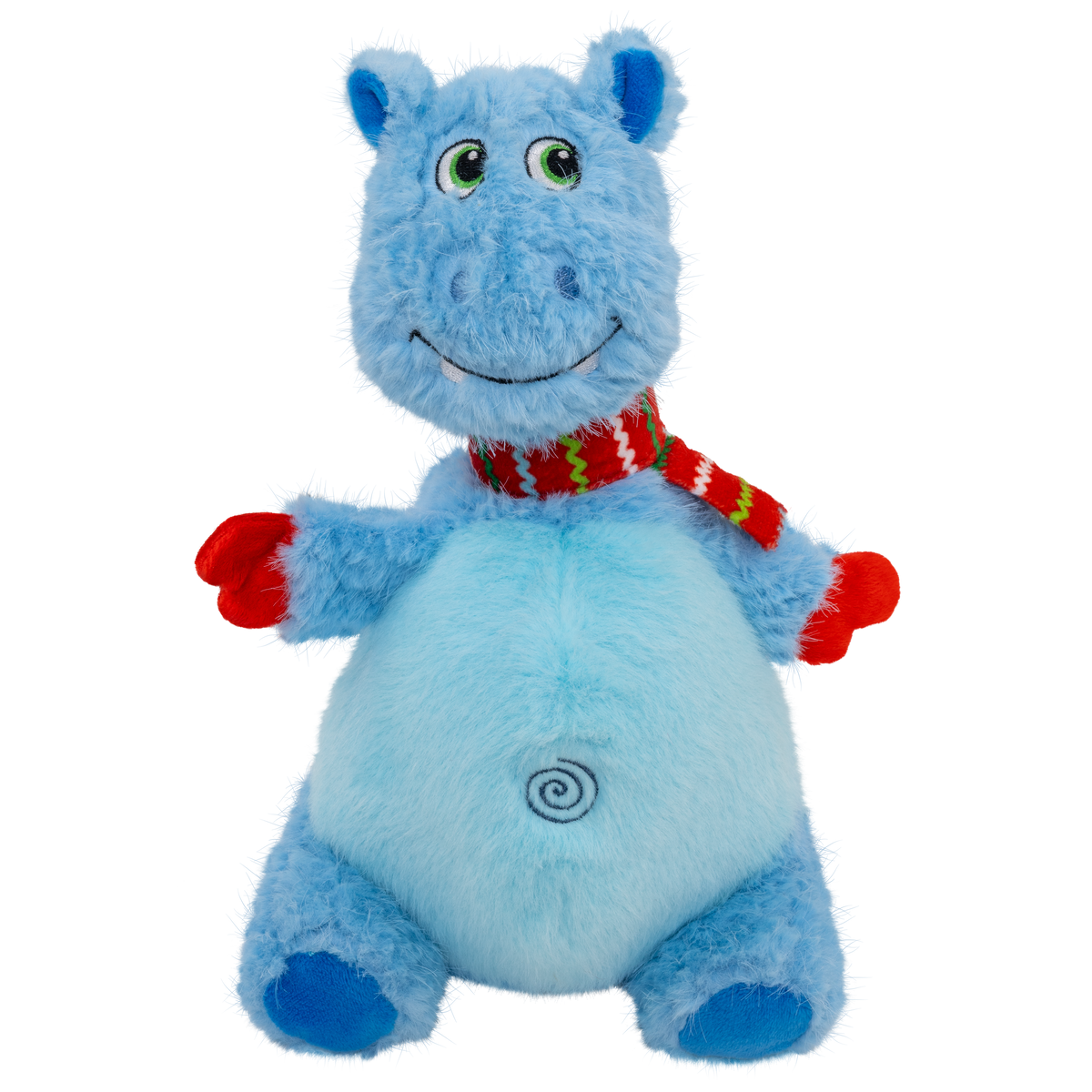 Kong Holiday Knots Belly Hippo Dog Toy - Blue - Front view of the blue plush hippo in a striped scarf and red mittens - Kong - PetMax Canada