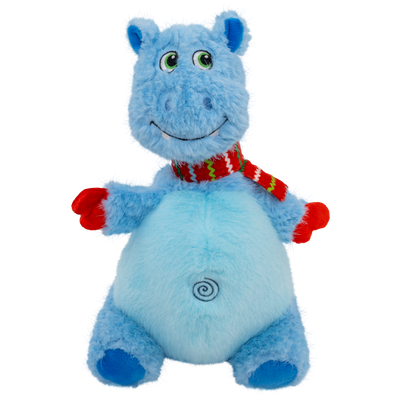 Kong Holiday Knots Belly Hippo Dog Toy - Blue - Front view of the blue plush hippo in a striped scarf and red mittens - Kong - PetMax Canada