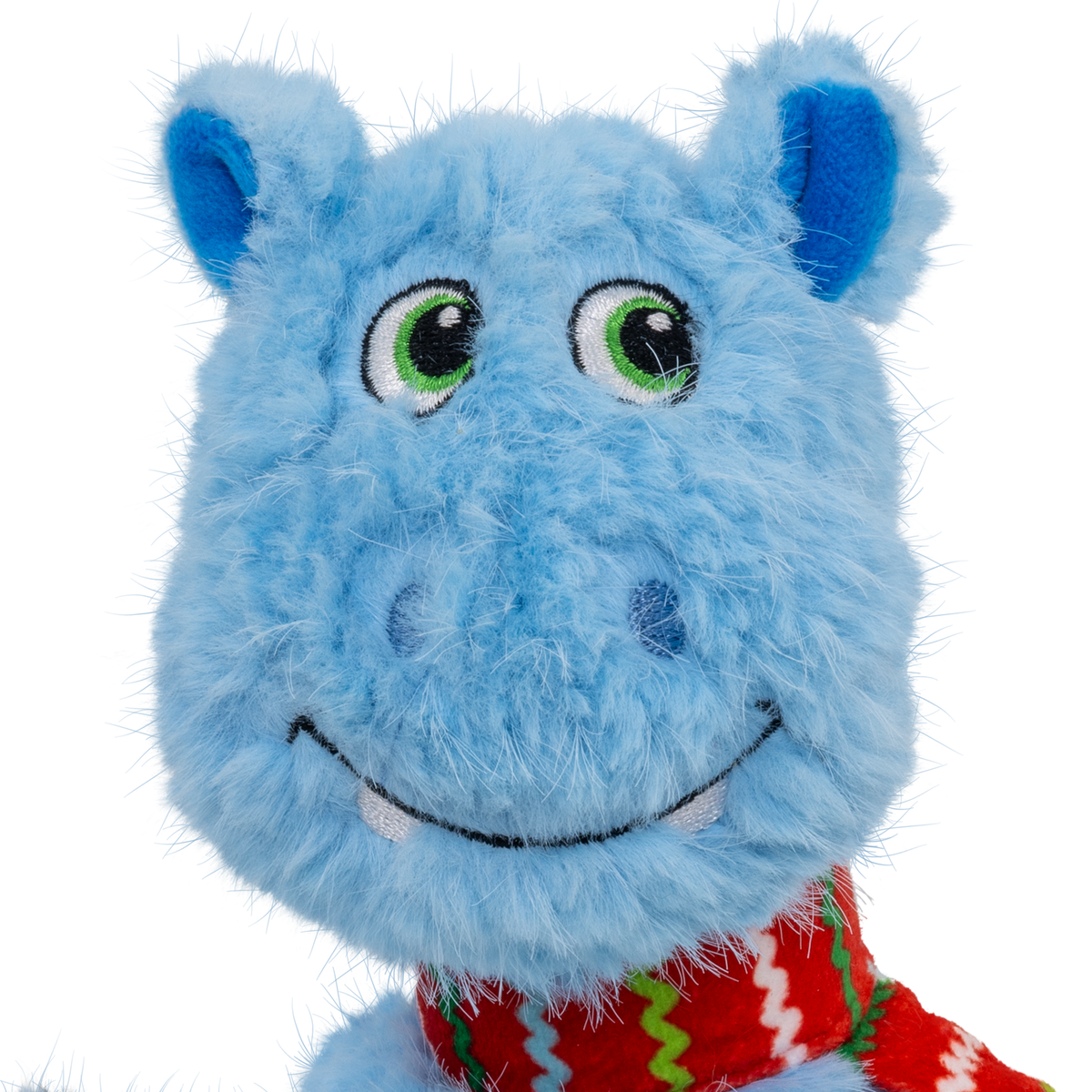 Kong Holiday Knots Belly Hippo Dog Toy - Blue - Close-up of the embroidered face and scarf - Kong - PetMax Canada