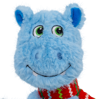 Kong Holiday Knots Belly Hippo Dog Toy - Blue - Close-up of the embroidered face and scarf - Kong - PetMax Canada