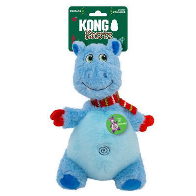Kong Holiday Knots Belly Hippo Dog Toy - Blue - In KONG Knots holiday packaging with Squeaks hang tag - Kong - PetMax Canada