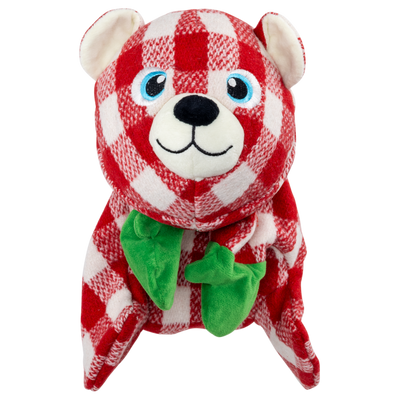 Kong Holiday Low Stuff Flanimalz Bear Dog Toy - front view of red and white check plush bear with green paws - Kong - PetMax Canada
