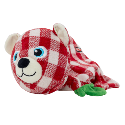 Kong Holiday Low Stuff Flanimalz Bear Dog Toy - bear lying down showing floppy low-stuff body - Kong - PetMax Canada