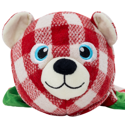 Kong Holiday Low Stuff Flanimalz Bear Dog Toy - close-up of embroidered face and check fabric - Kong - PetMax Canada