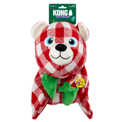 Kong Holiday Low Stuff Flanimalz Bear Dog Toy - bear on KONG Low Stuff hang tag with floating squeaker sticker - Kong - PetMax Canada