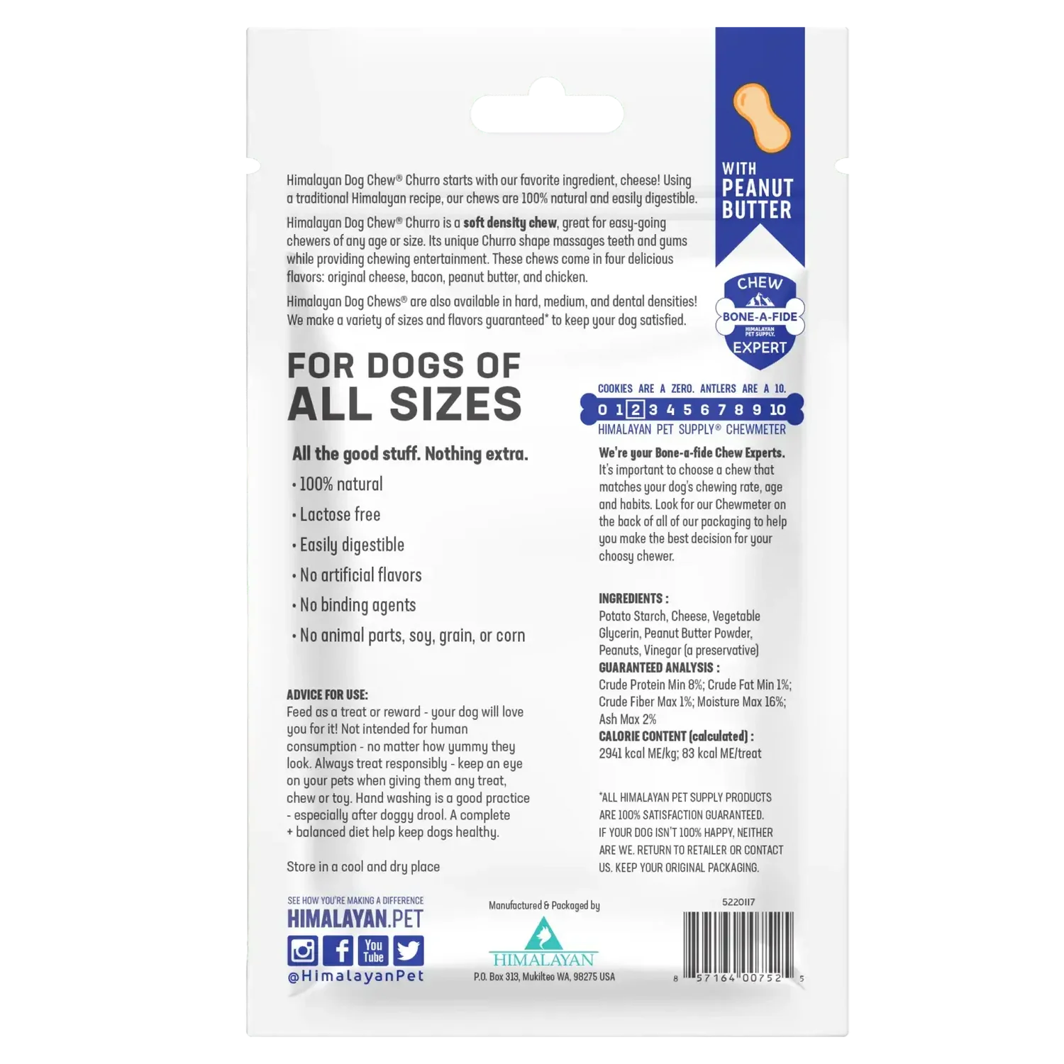 Himalayan Dog Chew Churro Peanut Butter Dog Treat - 4 Pack - 113g - Dog Treats - Himalayan Pet Supply - PetMax Canada