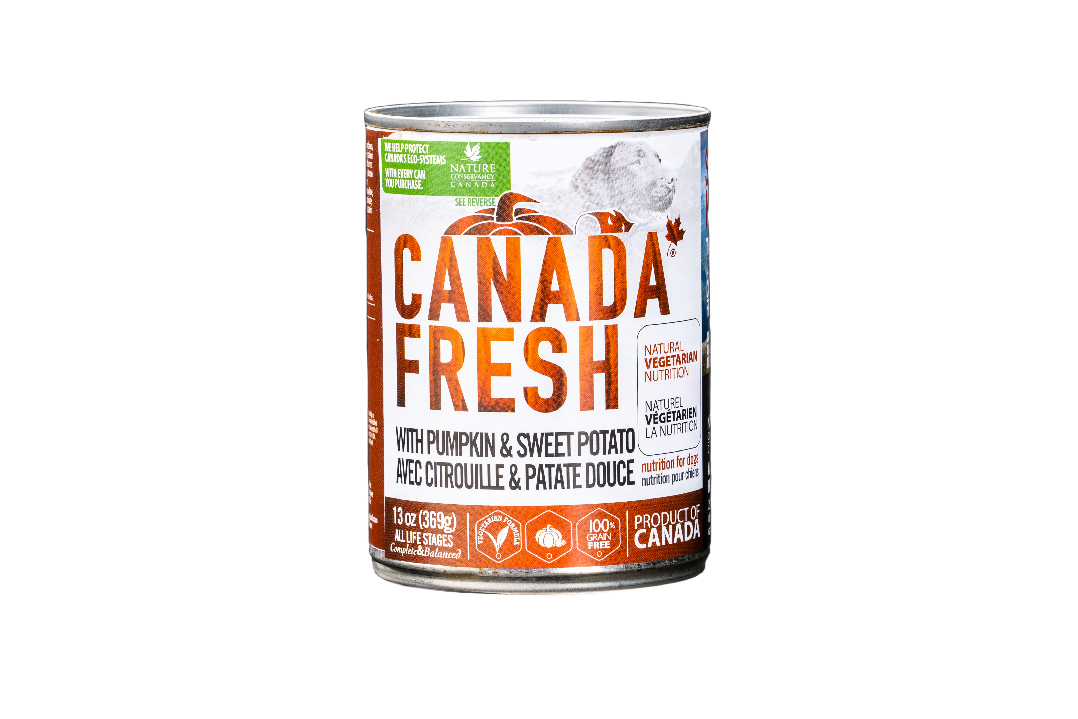 Canada Fresh Pumpkin & Sweet Potato Vegetarian Canned Dog Food - 369g - Front of Can - Canada Fresh - PetMax Canada
