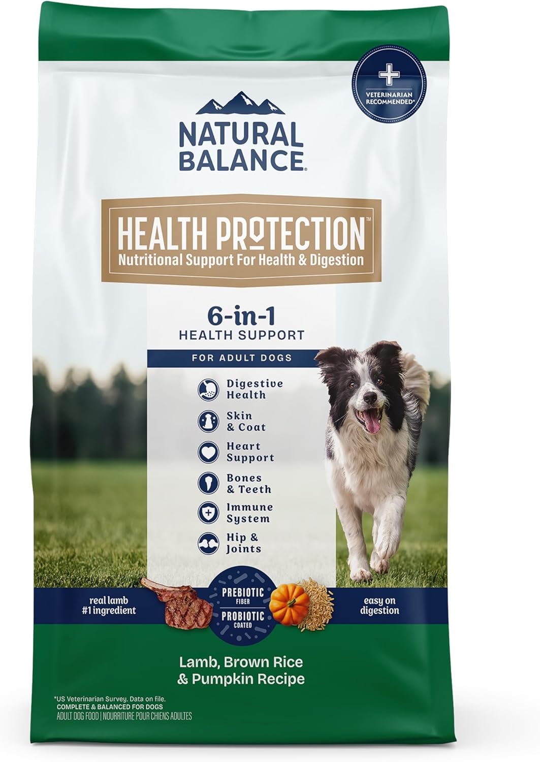 Dog food package with 'Natural Balance' branding on a white background