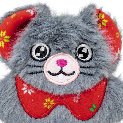 Kong Holiday Snuzzles Mouse Cat Toy - Grey - Close-up of the embroidered face, fuzzy grey fur and snowflake-print bow tie - Kong - PetMax Canada