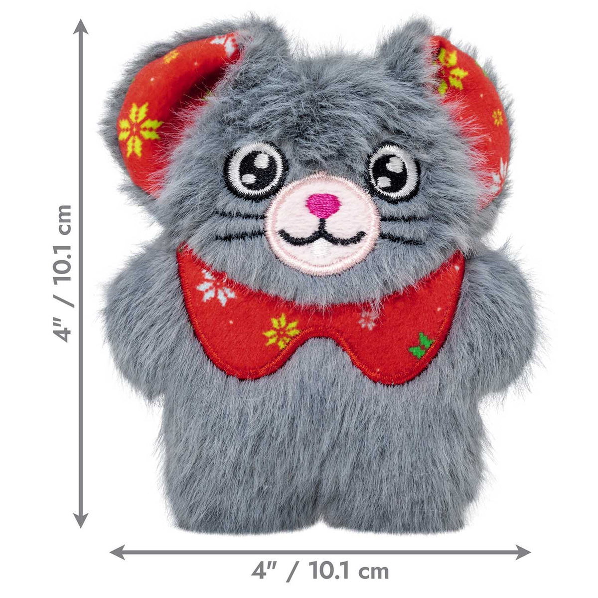 Kong Holiday Snuzzles Mouse Cat Toy - Grey - Dimension graphic showing about 4 in (10.1 cm) tall and 4 in (10.1 cm) wide - Kong - PetMax Canada