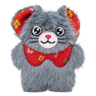 Kong Holiday Snuzzles Mouse Cat Toy - Grey - Front view of the grey plush mouse with red snowflake-print ears and bow tie - Kong - PetMax Canada