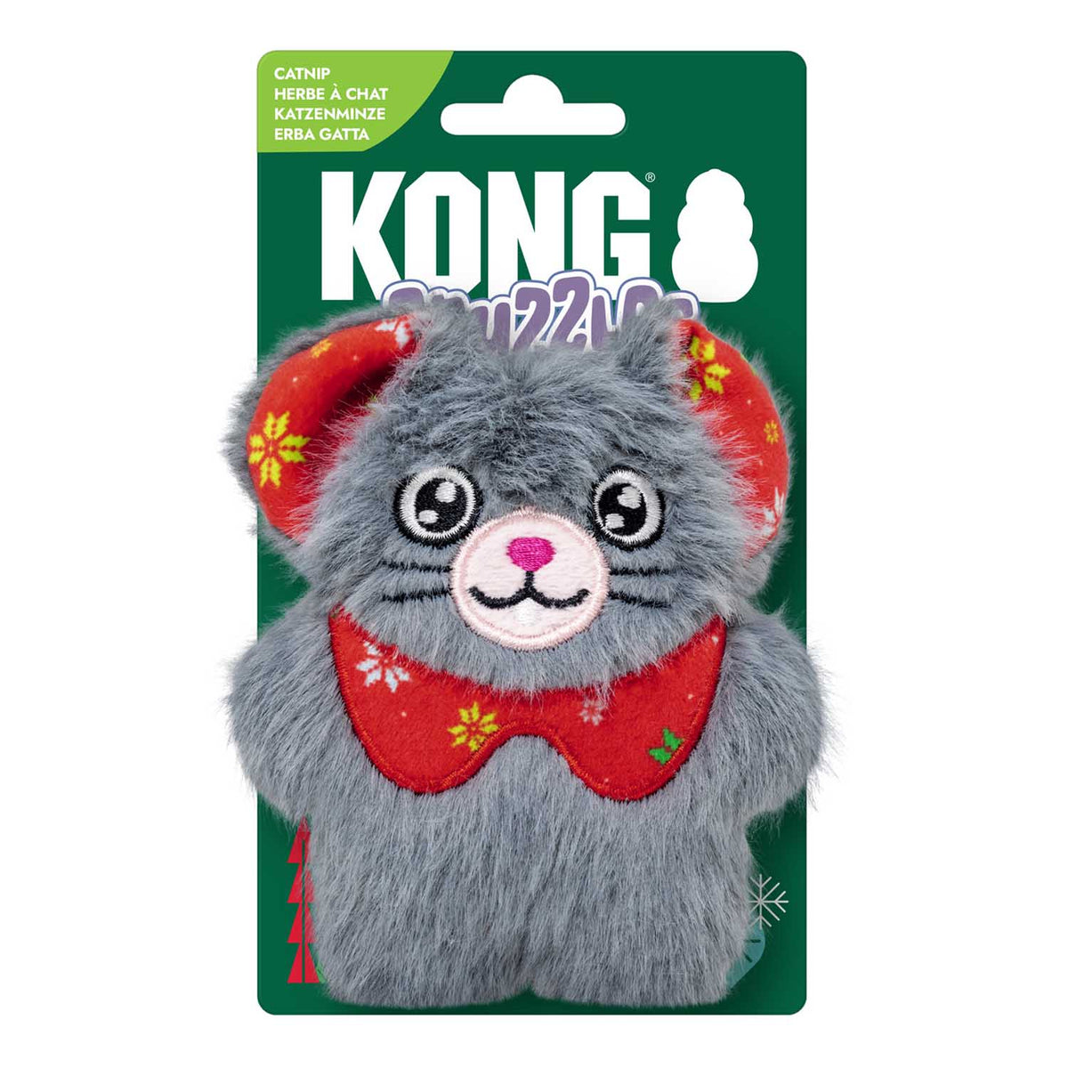 Kong Holiday Snuzzles Mouse Cat Toy - Grey - In its green KONG Snuzzles holiday hang card marked Catnip - Kong - PetMax Canada