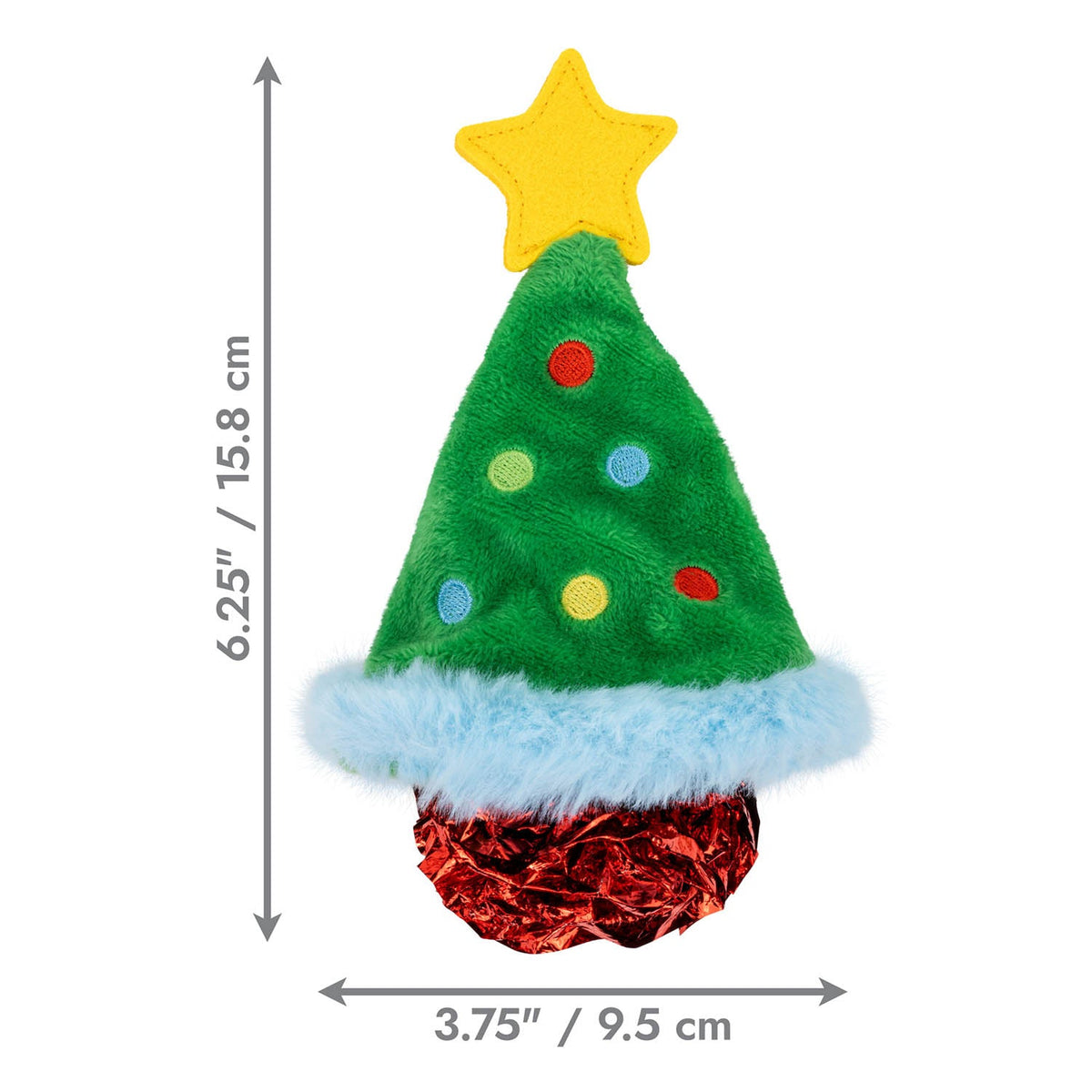 Kong Holiday Crackles Christmas Tree Cat Toy - Green - dimension graphic showing 6.25 in (15.8 cm) tall by 3.75 in (9.5 cm) wide - Kong - PetMax Canada