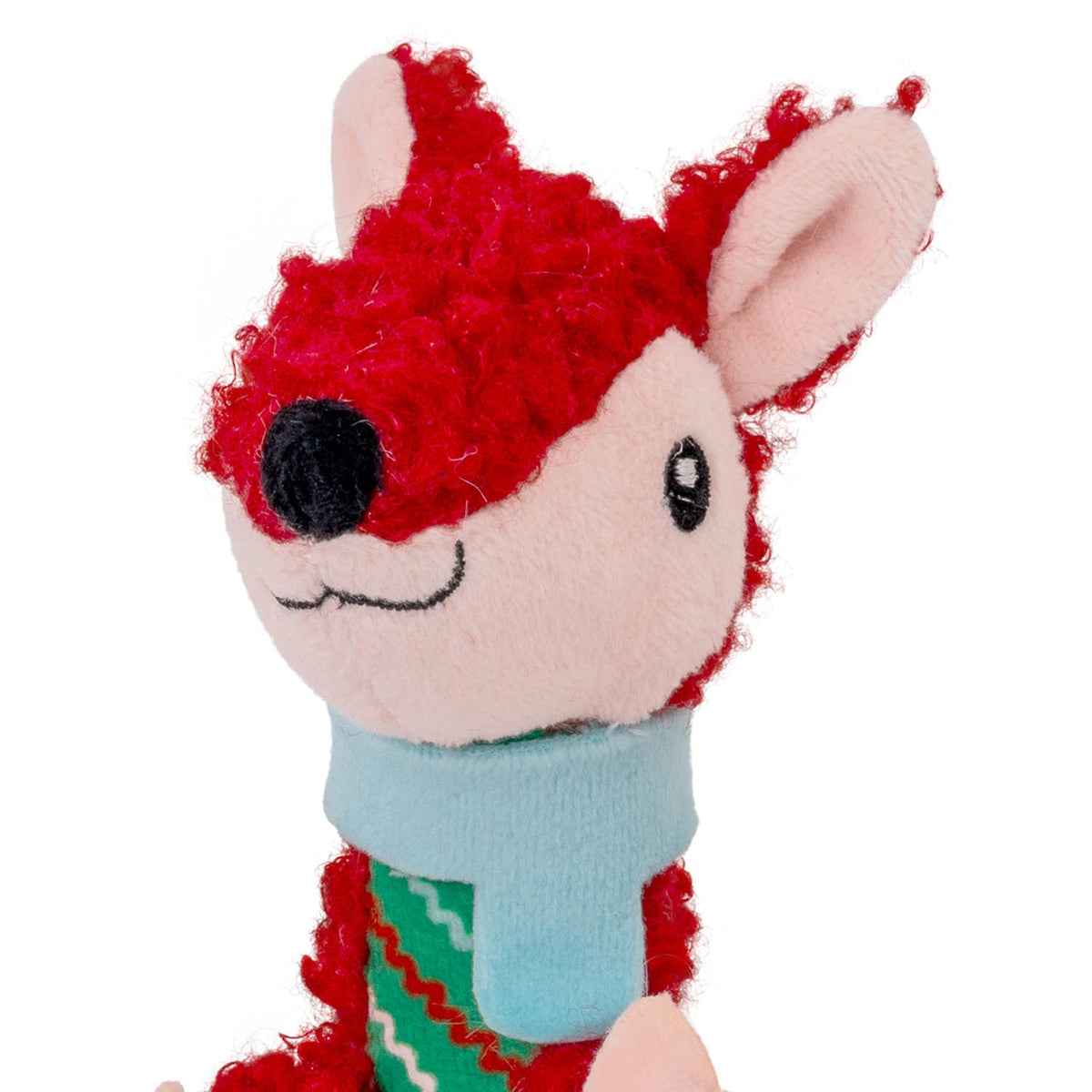 Kong Holiday Luvs Fox Cat Toy - Red - Close-up of the fox face, textured red fabric and blue scarf - Kong - PetMax Canada