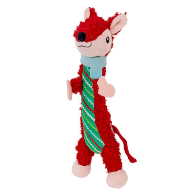 Kong Holiday Luvs Fox Cat Toy - Red - Off-pack view of the red plush fox with blue scarf and striped belly - Kong - PetMax Canada